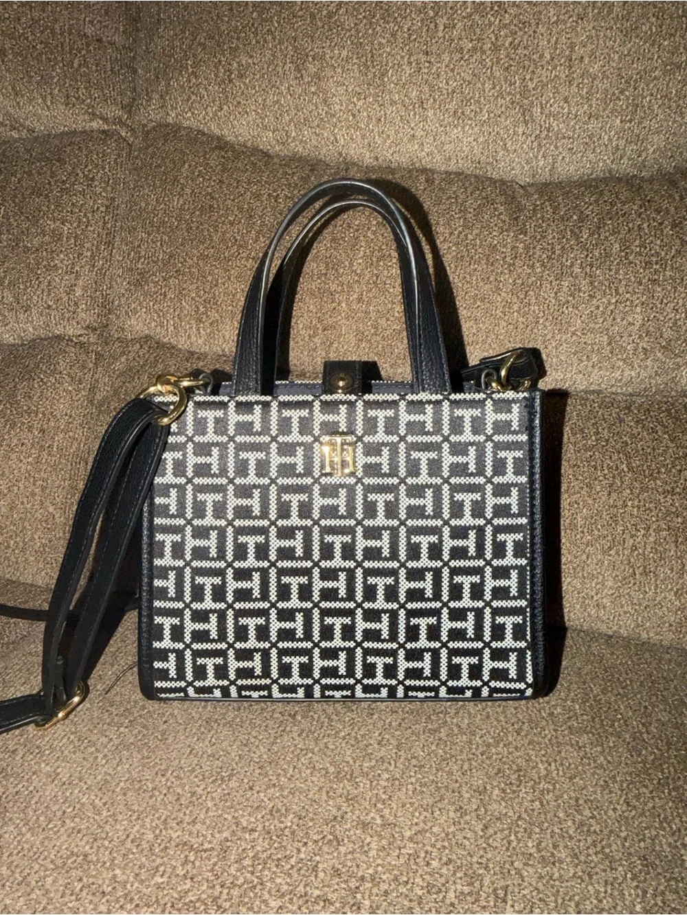 Tommy Hilfiger Black & White Jacquard Logo Satchel with Crossbody Strap